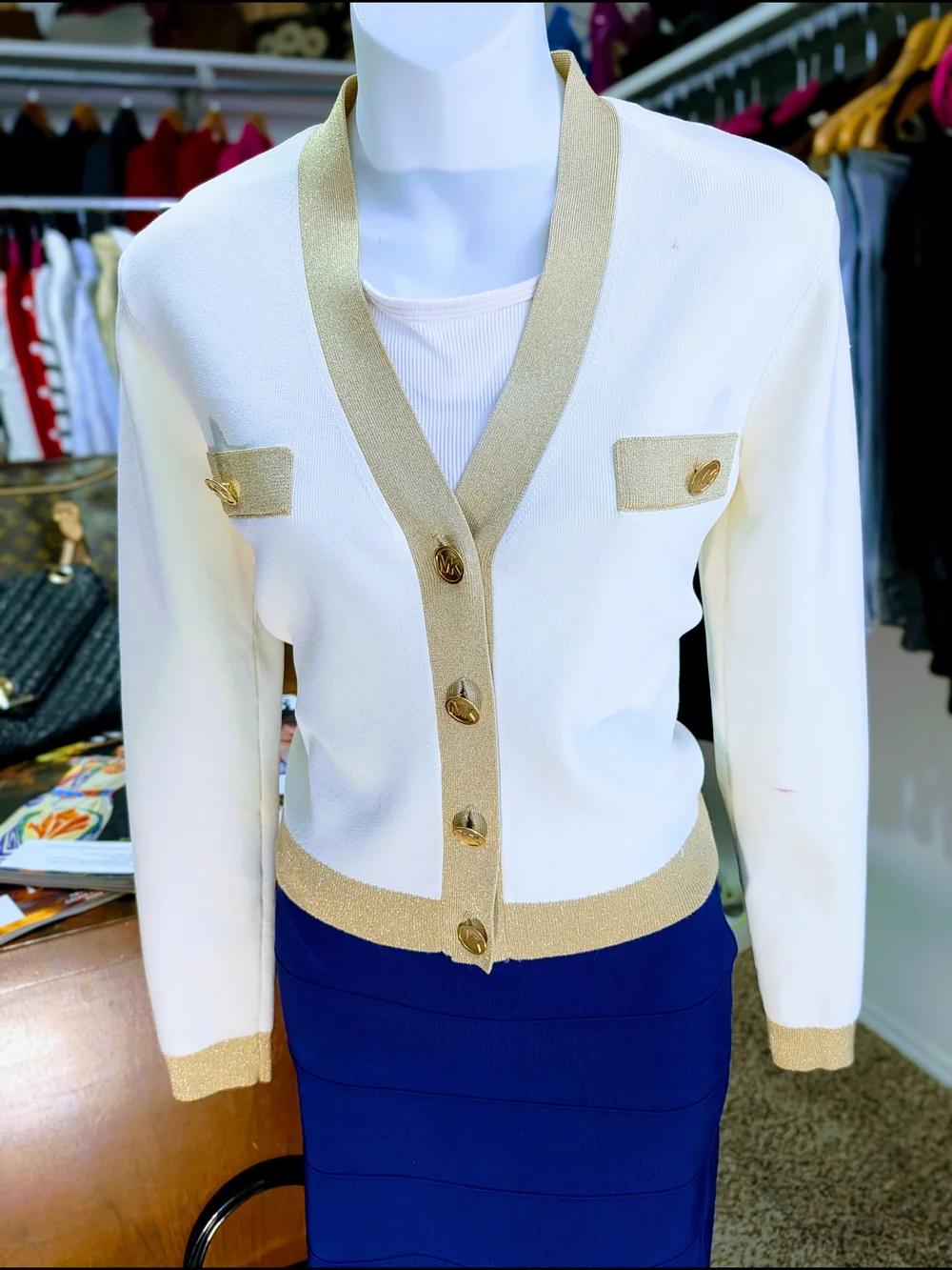 Michael Kors Cream Cardigan with Tan Trim and Navy Accent